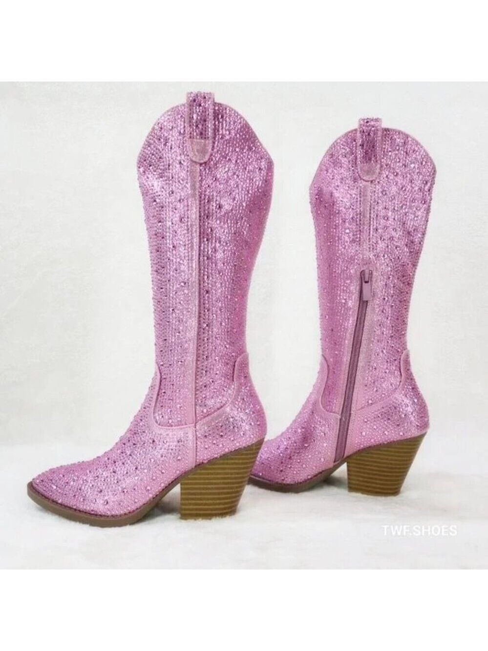 Wild One Baby Light Pink Rhinestone Glitter Disco Cowgirl Knee Boots